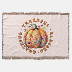 Thankful, Blessed, Grateful Floral Pumpkin Throw Blanket