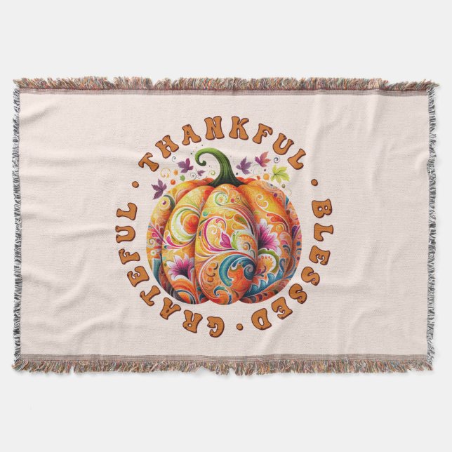 Thankful, Blessed, Grateful Floral Pumpkin Throw Blanket (Front)