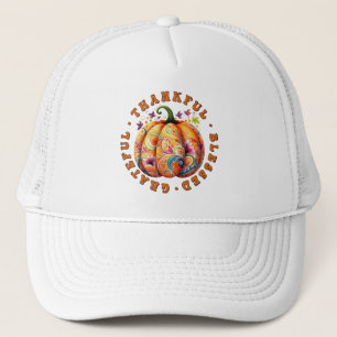 Thankful, Blessed, Grateful Floral Pumpkin Trucker Hat