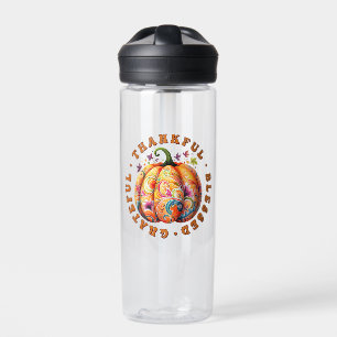 Thankful, Blessed, Grateful Floral Pumpkin Water Bottle