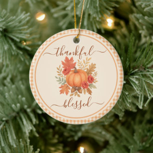 Thankful & Blessed Pumpkin Fall Thanksgiving Ceramic Tree Decoration