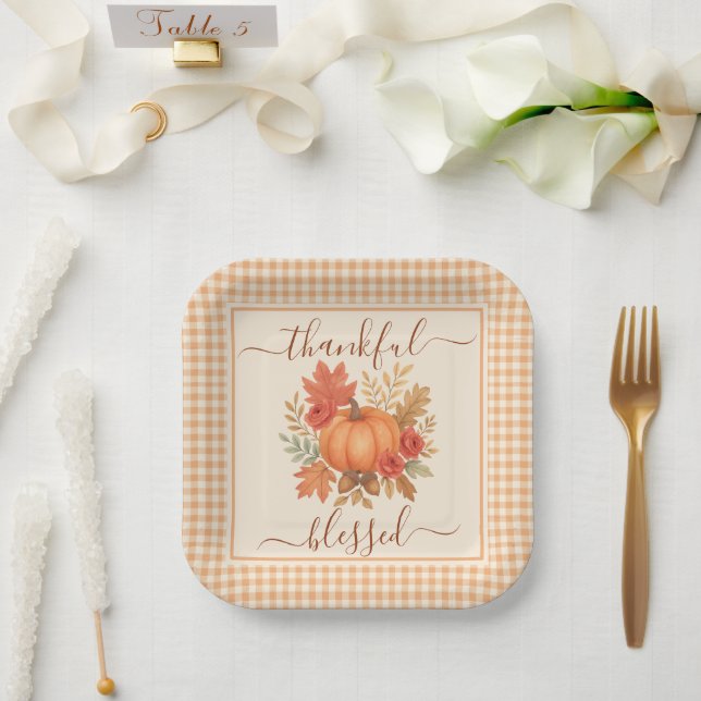 Thankful & Blessed Pumpkin | Fall Thanksgiving  Paper Plate (Wedding)
