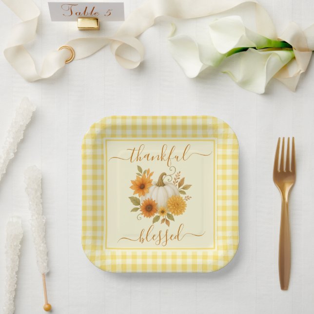 Thankful & Blessed Pumpkin | Fall Thanksgiving  Paper Plate (Wedding)