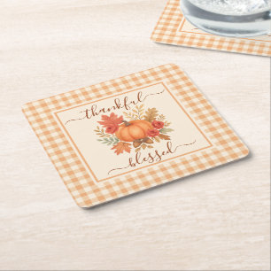 Thankful & Blessed Pumpkin Fall Thanksgiving Square Paper Coaster