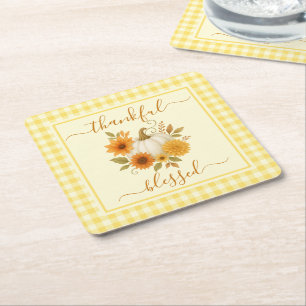 Thankful & Blessed Pumpkin Fall Thanksgiving Square Paper Coaster