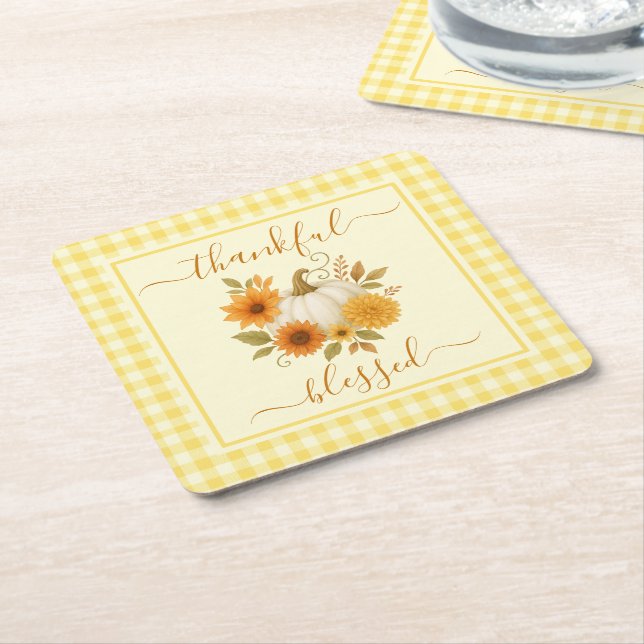 Thankful & Blessed Pumpkin | Fall Thanksgiving  Square Paper Coaster (Angled)
