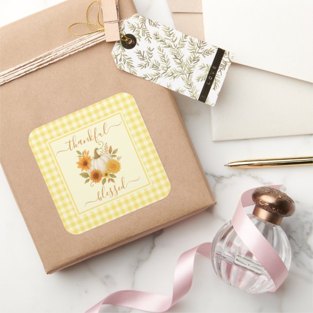 Thankful & Blessed Pumpkin | Fall Thanksgiving  Square Sticker (Gifting)