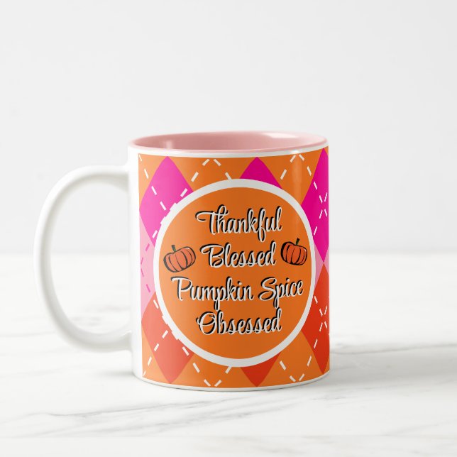 Thankful Blessed Pumpkin Spice Obsessed Pink Two-Tone Coffee Mug (Left)