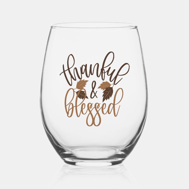 Thankful & Blessed Stemless Wine Glass (Front)