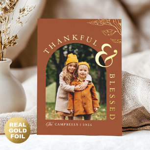 Thankful & Blessed Thanksgiving Rustic Leaf Gold Foil Holiday Card