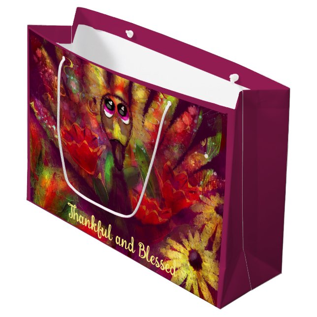 Thankful Blessed Thanksgiving Turkey Floral Red Large Gift Bag (Front Angled)