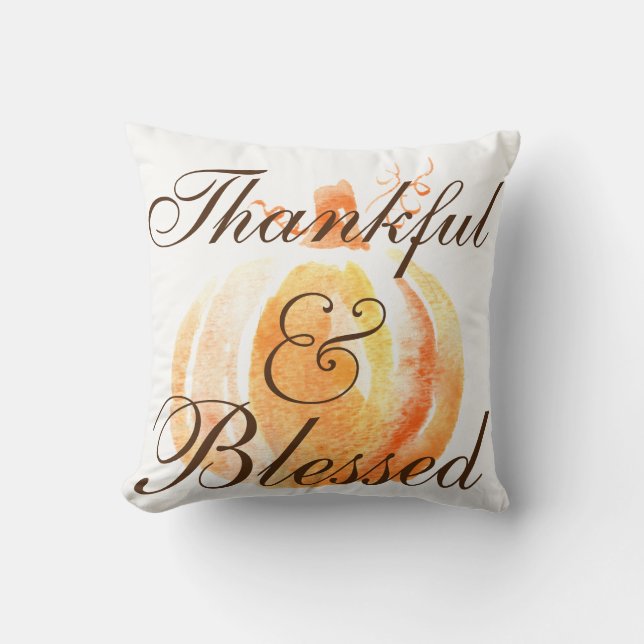 Thankful & Blessed Watercolor Pumpkin Polka Dots Cushion (Front)