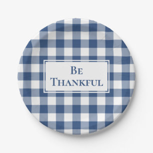 Thankful Blue White Gingham Plaid Thanksgiving Paper Plate