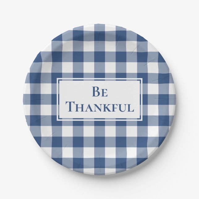 Thankful Blue White Gingham Plaid Thanksgiving Paper Plate (Front)