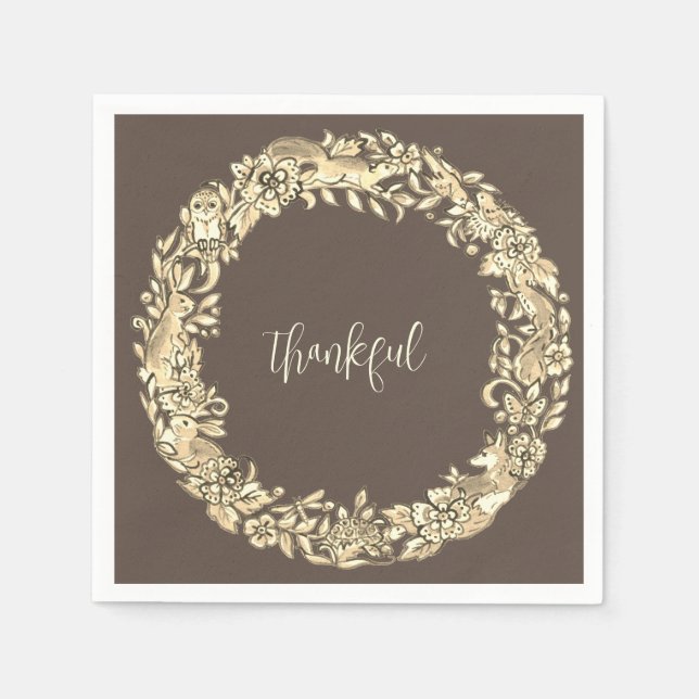 Thankful Brown Woodland Animal Rustic Fall Autumn Napkin (Front)