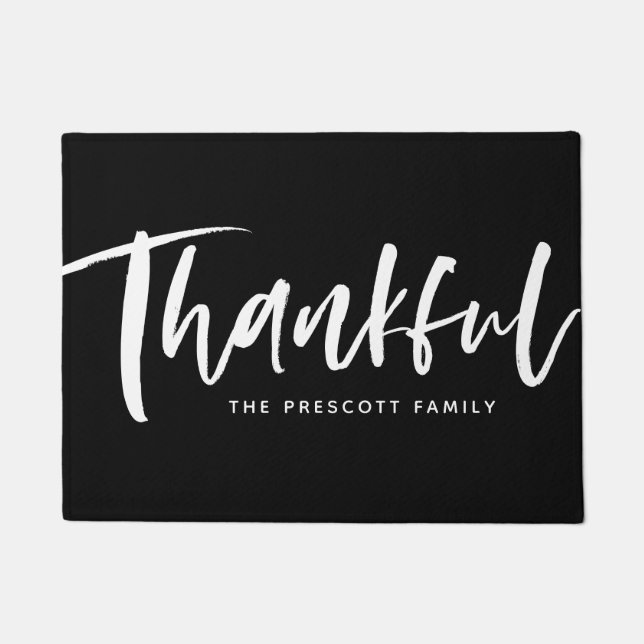 Thankful brush script black and white Thanksgiving Doormat (Front)