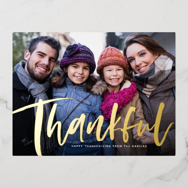 Thankful brush script family photo Thanksgiving Foil Holiday Postcard (Front)