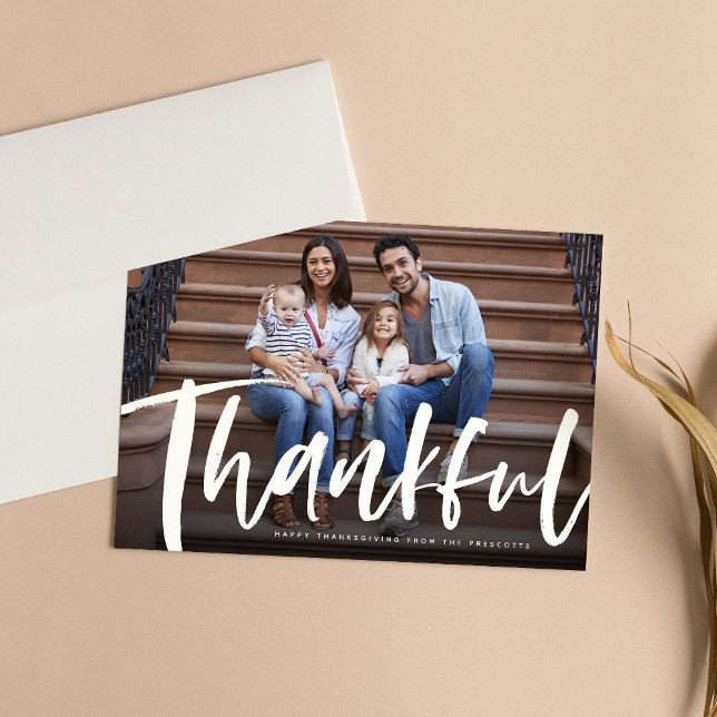 Thankful brush script Thanksgiving photo card (Creator Uploaded)
