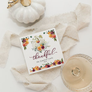 Thankful Burgundy Floral Pumpkin Thanksgiving Napkin
