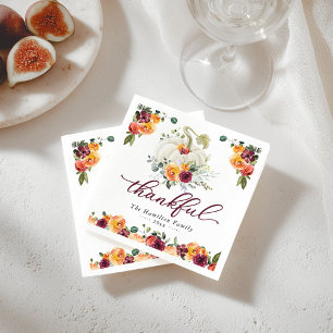 Thankful Burgundy Floral Pumpkin Thanksgiving Napkin