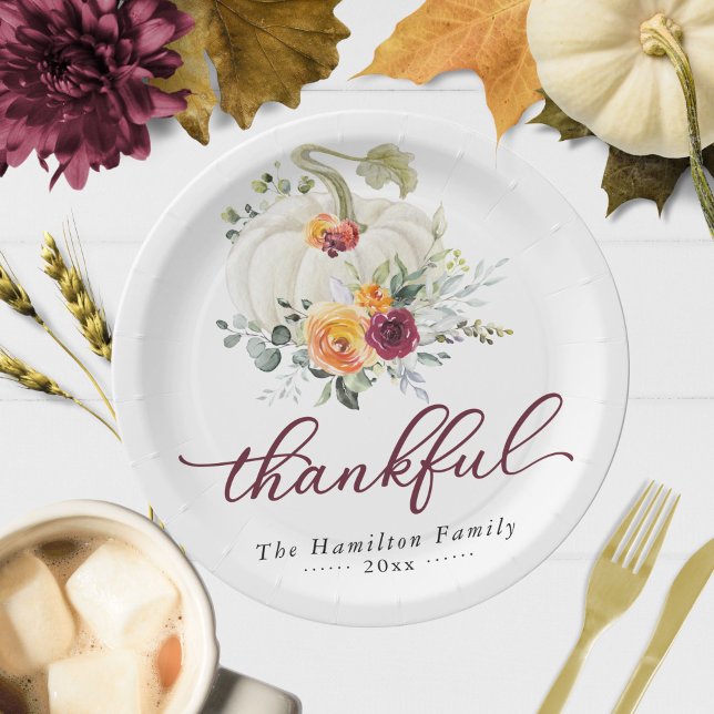 Thankful Burgundy Floral Pumpkin Thanksgiving Paper Plate (Creator Uploaded)