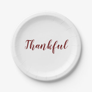 Thankful burgundy maroon white script thanksgiving paper plate