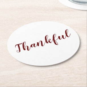 Thankful burgundy maroon white script thanksgiving round paper coaster