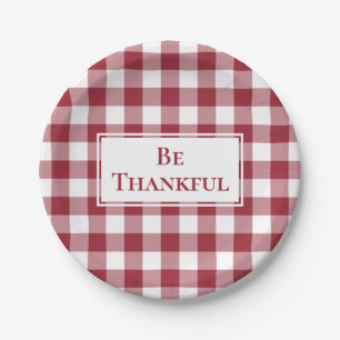 Thankful Burgundy White Gingham Plaid Thanksgiving Paper Plate