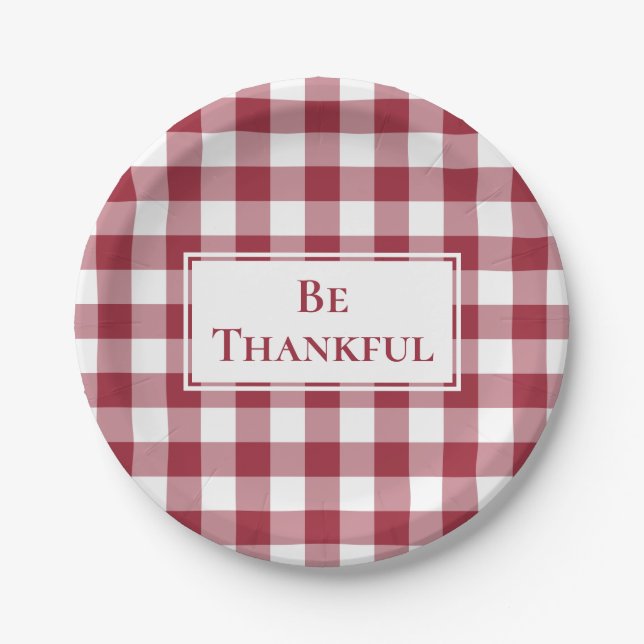Thankful Burgundy White Gingham Plaid Thanksgiving Paper Plate (Front)