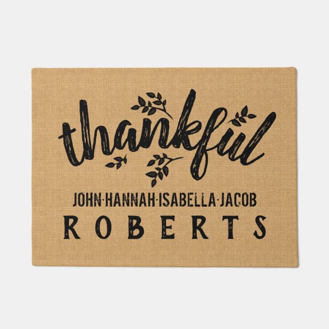 Thankful Burlap Farmhouse Autumn Leaves Custom Doormat (Front)