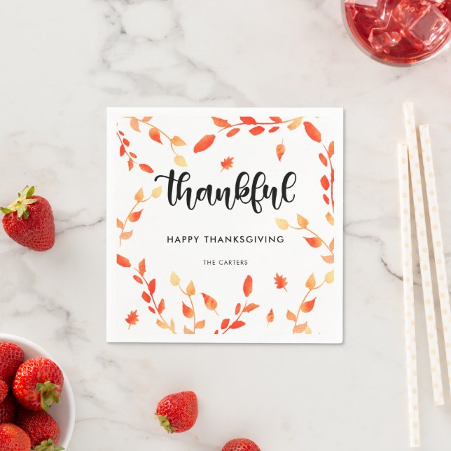 Thankful Calligraphy Fall Leaves Foliage Elegant Napkin (Insitu)