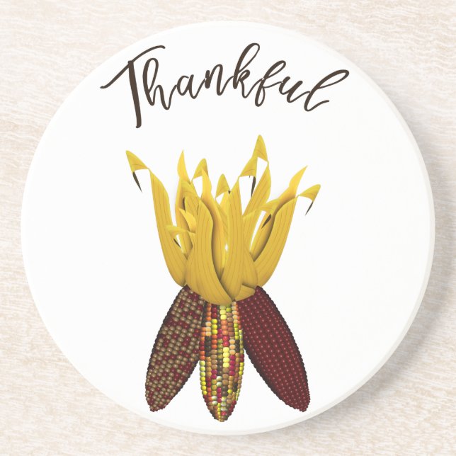 Thankful - Colourful Autumn Indian Corn Coaster (Front)