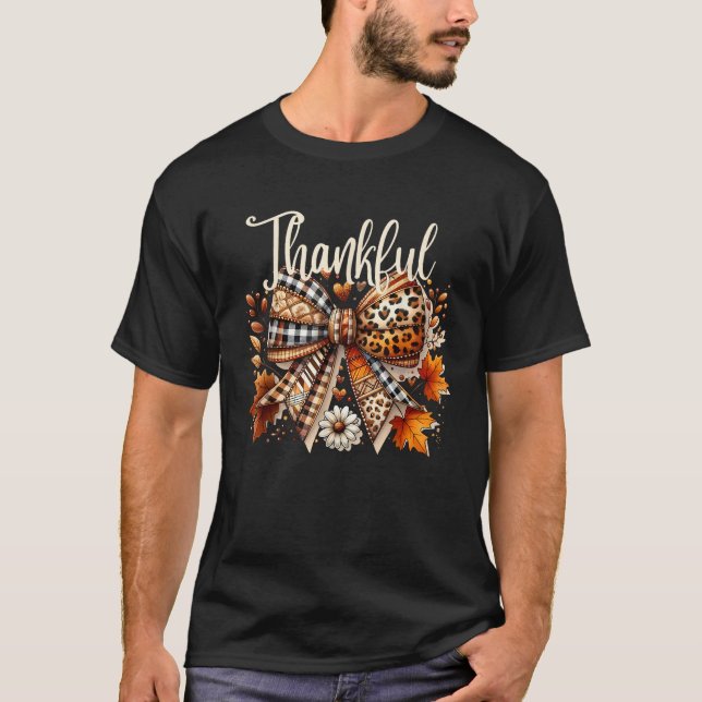 Thankful Coquette BowThanksgiving Autumn Leaves Fa T-Shirt (Front)