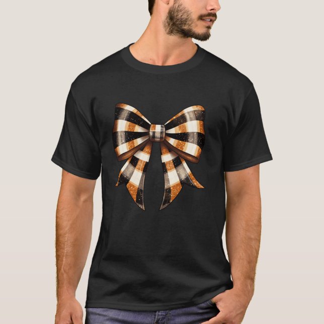 Thankful Coquette Orange Plaid Bow Thanksgiving Fa T-Shirt (Front)