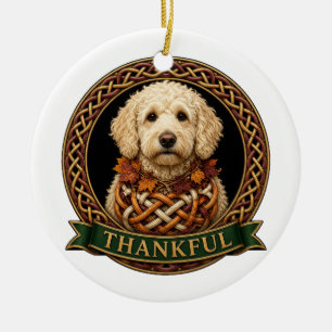 Thankful Cream Goldendoodle Thanksgiving Ceramic Tree Decoration