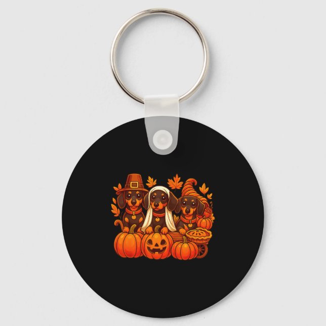 Thankful Dachshund Sausage Dog Thanksgiving Pumpki Key Ring (Front)