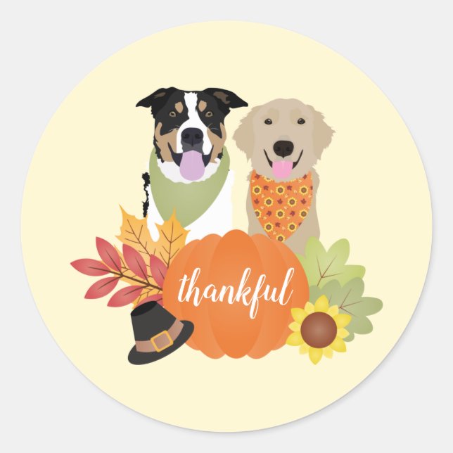 Thankful Dogs Thanksgiving Harvest Pumpkins Classic Round Sticker (Front)