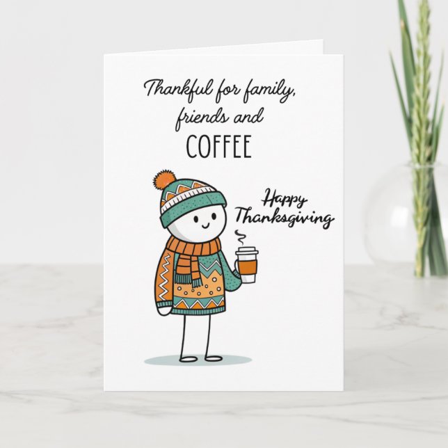 Thankful Doodle with Coffee - Happy Thanksgiving Card (Front)