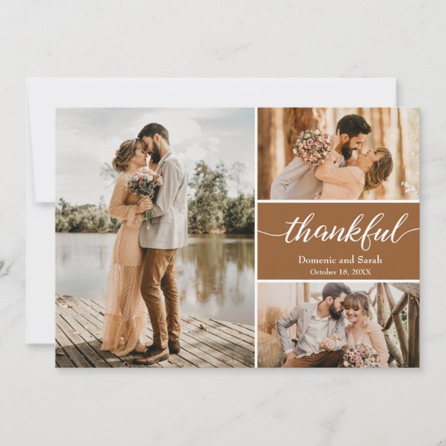 "Thankful" Earth-Tone Wedding Photo Thank You Card (Front)