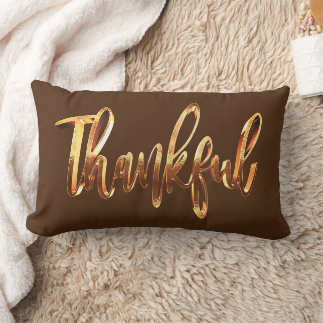 Thankful Elegant Brown Orange Script Thanksgiving Lumbar Cushion (Blanket)
