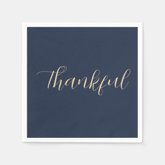 Thankful Elegant Gold Script Thanksgiving Blue Napkin (Front)