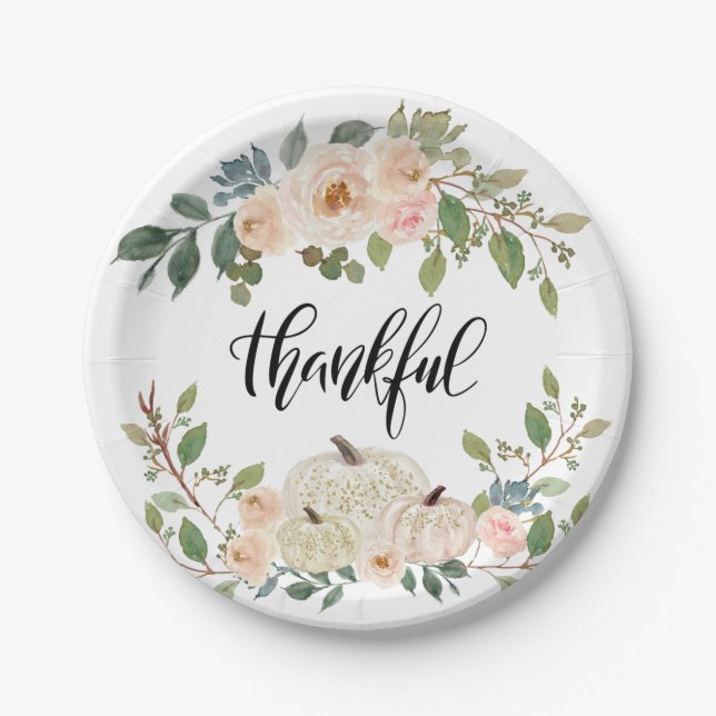 Thankful Elegant Ivory Pink Flowers & Pumpkins  Paper Plate (Front)