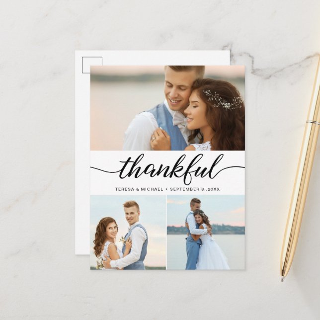 Thankful elegant script wedding photo Thank you Postcard (Front/Back In Situ)