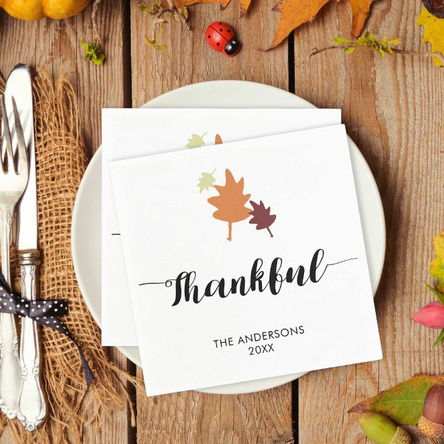 Thankful Fall Autumn Leaves Orange Calligraphy Napkin (Creator Uploaded)