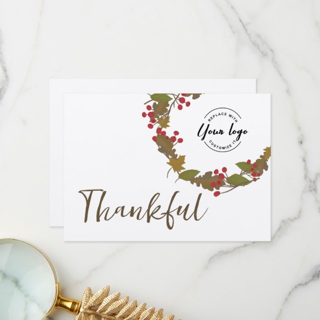 Thankful Fall Wreath business Logo Rustic Autumn  Thank You Card (Front/Back In Situ)