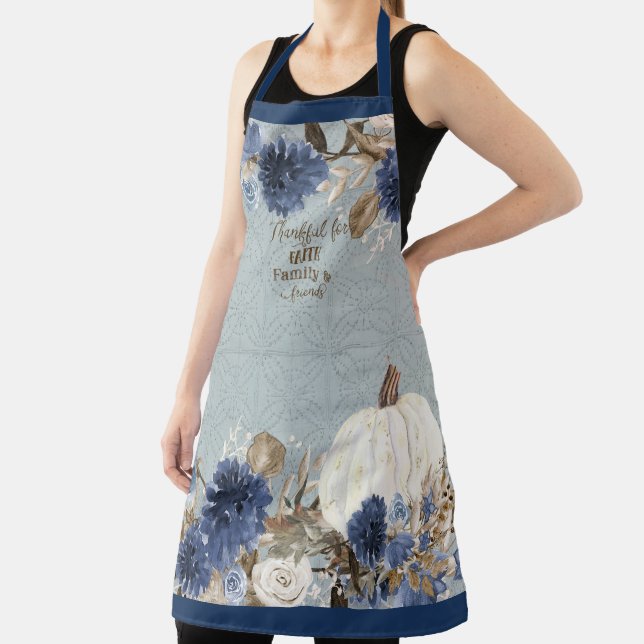 Thankful Family Fall Leaf Pumpkin Navy Blue Floral Apron (Insitu)