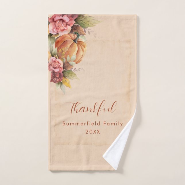 Thankful Family Thanksgiving Orange Pumpkin Hand Towel (Hand Towel)