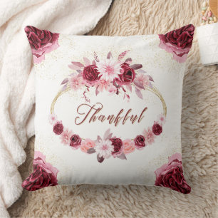 THANKFUL Fancy Script Burgundy Floral Gold Wreath Cushion