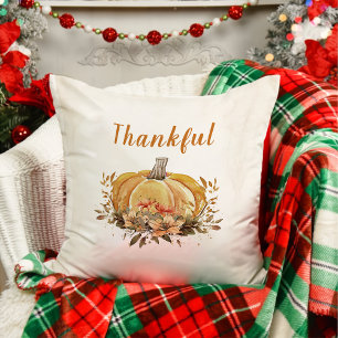 Thankful Floral Fall Pumpkin Thanksgiving Cushion