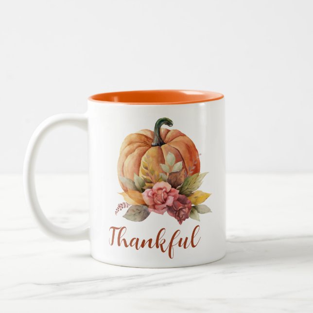 Thankful Floral Pumpkin Fall Autumn Thanksgiving Two-Tone Coffee Mug (Left)